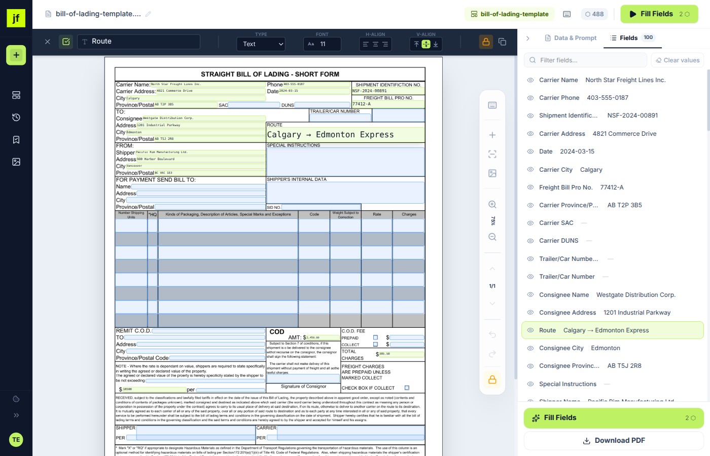 Vendor packet automation — JustFill workflow editor processing a recurring vendor onboarding PDF with auto-detected fields