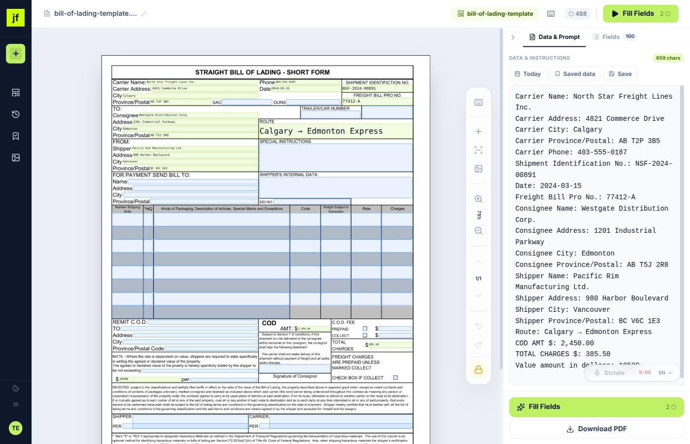 Fill PDF form online — JustFill web editor showing AI field detection on any flat or scanned document with the filled result